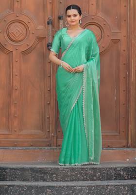 Sea Green Organza Swarovski Saree With Unstitched Blouse Piece 3