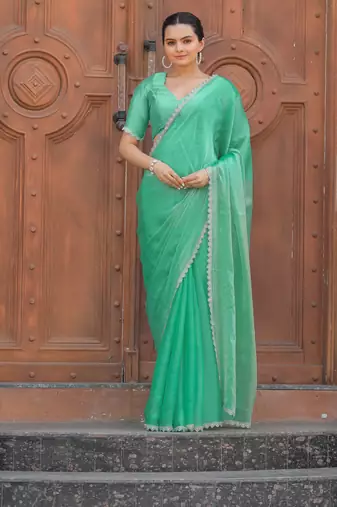 Sea Green Organza Swarovski Saree With Unstitched Blouse Piece