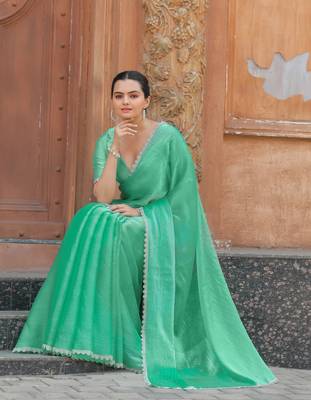 Sea Green Organza Swarovski Saree With Unstitched Blouse Piece 4