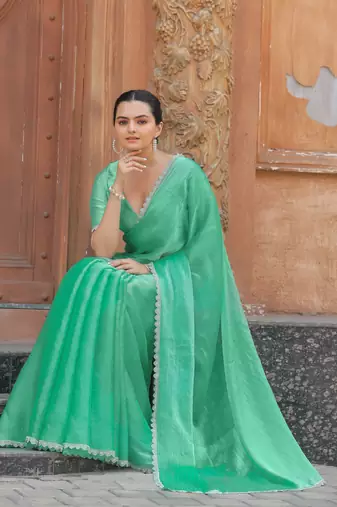 Sea Green Organza Swarovski Saree With Unstitched Blouse Piece