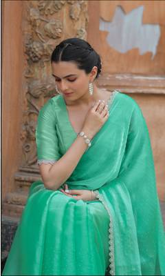 Sea Green Organza Swarovski Saree With Unstitched Blouse Piece 5