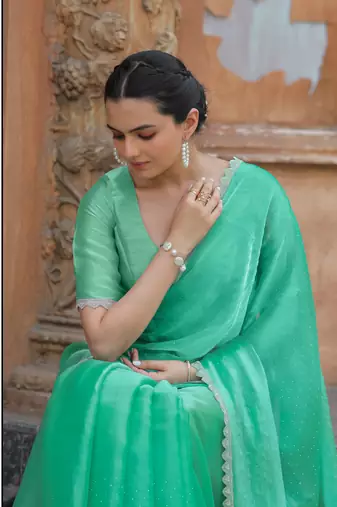 Sea Green Organza Swarovski Saree With Unstitched Blouse Piece