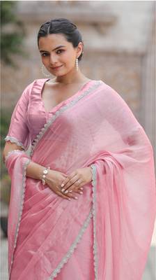 Pink Organza Swarovski Saree With Unstitched Blouse Piece 1