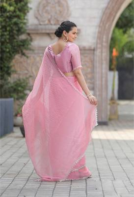 Pink Organza Swarovski Saree With Unstitched Blouse Piece 2