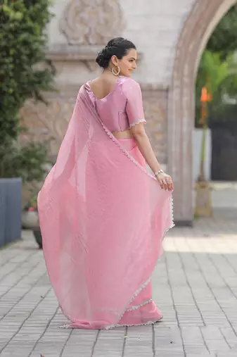 Pink Organza Swarovski Saree With Unstitched Blouse Piece
