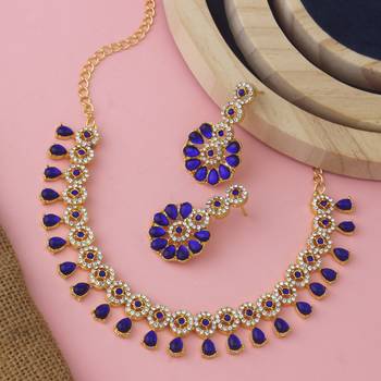 Atasi international gold dark blue kundan and american diamond necklace jewellery set with earrings for women 2