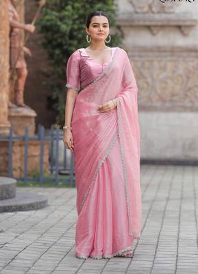 Pink Organza Swarovski Saree With Unstitched Blouse Piece 3