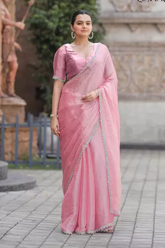 Pink Organza Swarovski Saree With Unstitched Blouse Piece