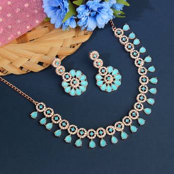 Atasi international rose gold plated aqua blue kundan and american diamond necklace with earrings 2