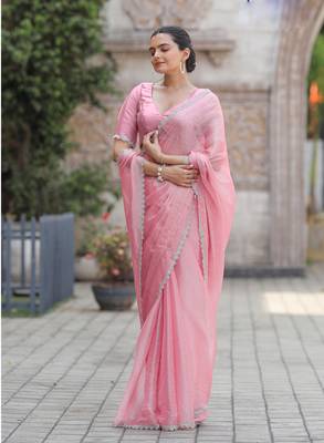 Pink Organza Swarovski Saree With Unstitched Blouse Piece 5