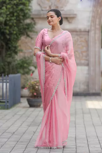 Pink Organza Swarovski Saree With Unstitched Blouse Piece