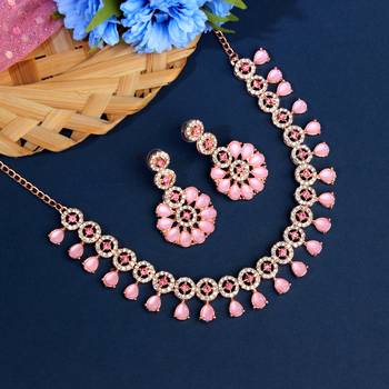 Atasi international rose gold mint pink kundan and american diamond necklace jewellery set with earrings for women 1
