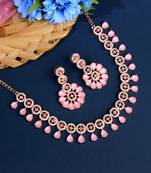 Atasi international rose gold mint pink kundan and american diamond necklace jewellery set with earrings for women