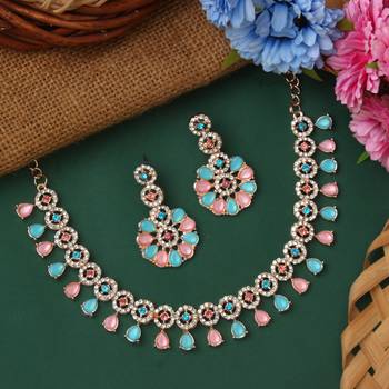 Atasi international rose gold mint pink kundan and american diamond necklace jewellery set with earrings for women 2