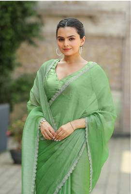 Green Organza Swarovski Saree With Unstitched Blouse Piece 1