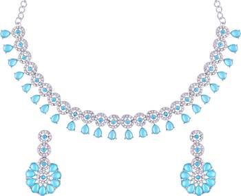 Atasi international silver mint blue kundan and american diamond necklace jewellery set with earrings for women 2