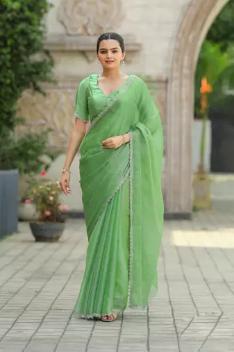 Green Organza Swarovski Saree With Unstitched Blouse Piece