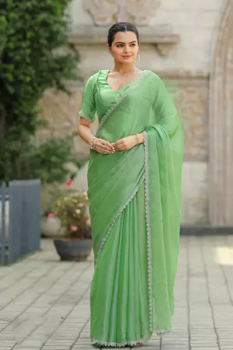 Green Organza Swarovski Saree With Unstitched Blouse Piece