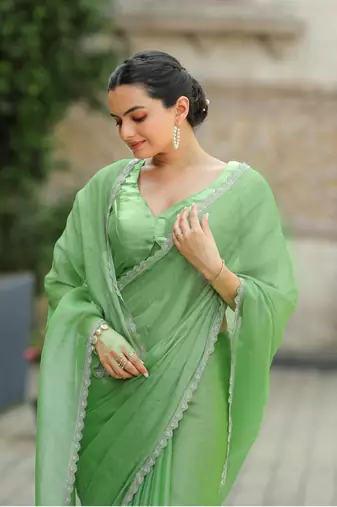 Green Organza Swarovski Saree With Unstitched Blouse Piece