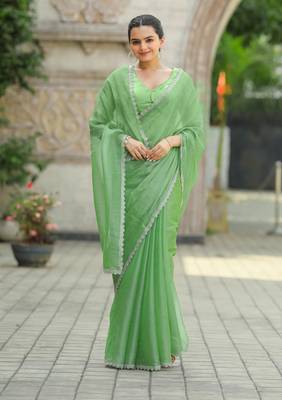 Green Organza Swarovski Saree With Unstitched Blouse Piece 5