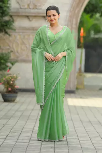 Green Organza Swarovski Saree With Unstitched Blouse Piece