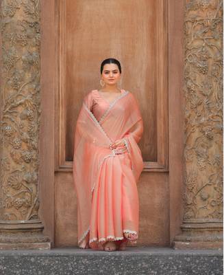 Peach Organza Swarovski Saree With Unstitched Blouse Piece 1