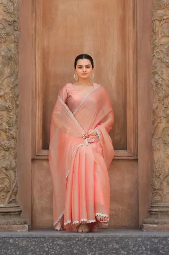 Peach Organza Swarovski Saree With Unstitched Blouse Piece