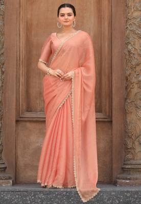 Peach Organza Swarovski Saree With Unstitched Blouse Piece 2