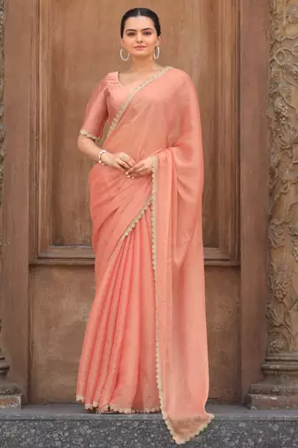 Peach Organza Swarovski Saree With Unstitched Blouse Piece