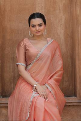 Peach Organza Swarovski Saree With Unstitched Blouse Piece 3