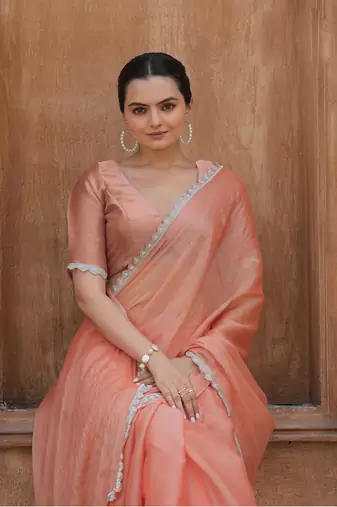 Peach Organza Swarovski Saree With Unstitched Blouse Piece