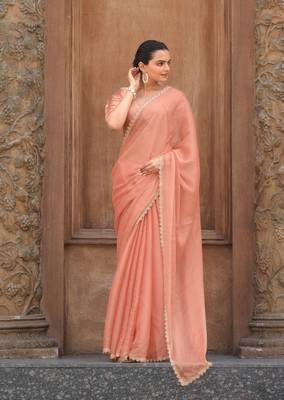 Peach Organza Swarovski Saree With Unstitched Blouse Piece 4
