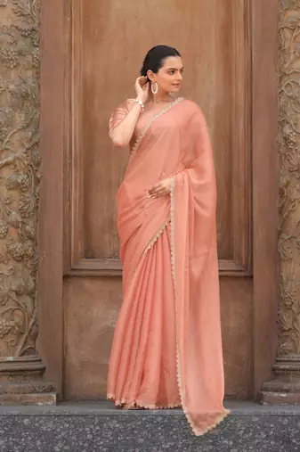 Peach Organza Swarovski Saree With Unstitched Blouse Piece