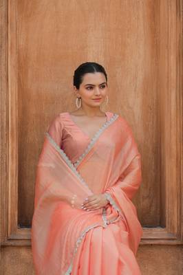 Peach Organza Swarovski Saree With Unstitched Blouse Piece 5