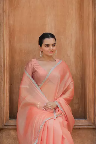 Peach Organza Swarovski Saree With Unstitched Blouse Piece