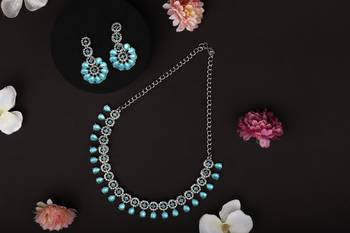 Atasi international silver mint blue kundan and american diamond necklace jewellery set with earrings for women 1