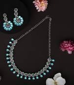 Atasi international silver mint blue kundan and american diamond necklace jewellery set with earrings for women