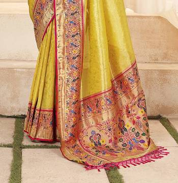 Kimisha women's yellow tissue silk blend paithani saree with unstitched blouse piece 4