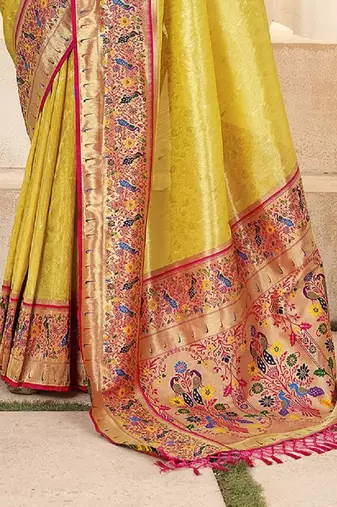 Kimisha women's yellow tissue silk blend paithani saree with unstitched blouse piece