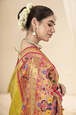 Kimisha women's yellow tissue silk blend paithani saree with unstitched blouse piece 5