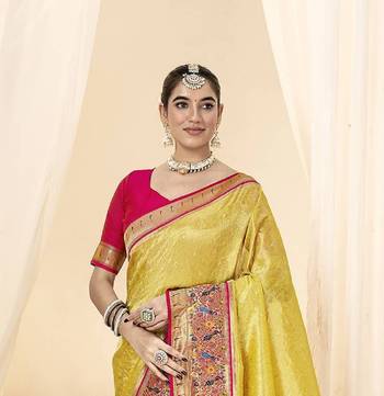 Kimisha women's yellow tissue silk blend paithani saree with unstitched blouse piece 2