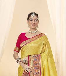 Kimisha women's yellow tissue silk blend paithani saree with unstitched blouse piece