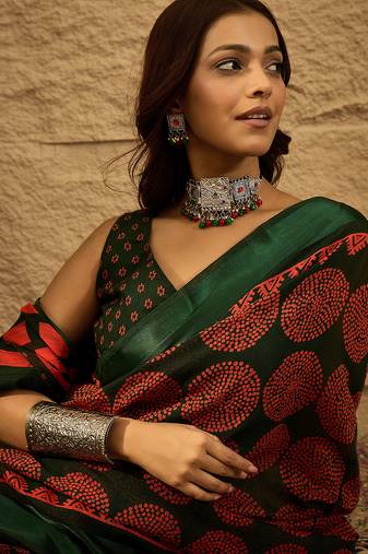 Green Color Printed Art Silk Styles Women'S Saree With Blouse Piece