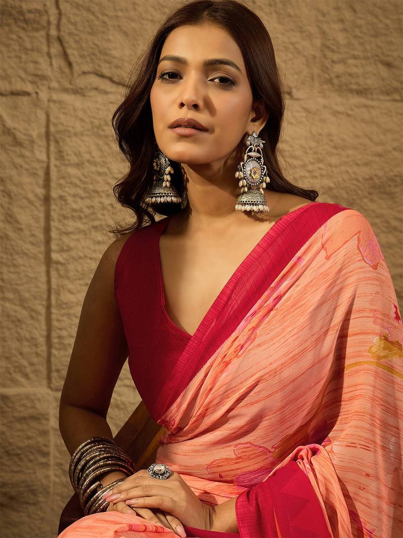 Orange Printed Georgette Saree With Blouse Piece