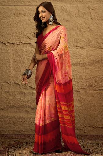 Orange Printed Georgette Saree With Blouse Piece