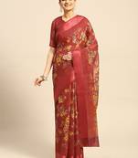 Red Color Printed Cotton Blend Styles Women'S Saree With Blouse Piece