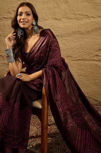 Brown Color Printed Art Silk Styles Women'S Saree With Blouse Piece