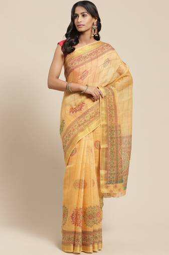 Beige Color Printed Cotton Blend Styles Women'S Saree With Blouse Piece