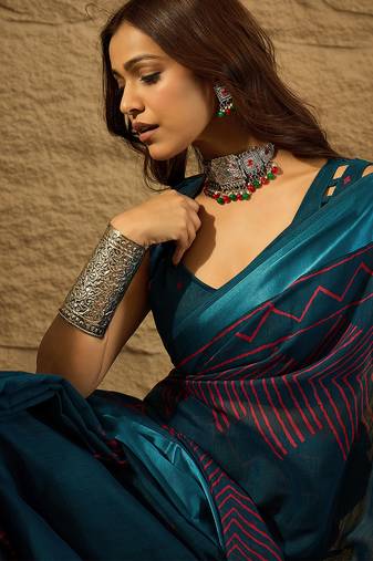 Blue Color Printed Art Silk Styles Women'S Saree With Blouse Piece