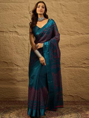 Blue Color Printed Art Silk Styles Women'S Saree With Blouse Piece 2